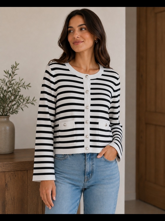 Dynamite Sweaters - Dynamite Black White Striped Knit Cardigan Sweater